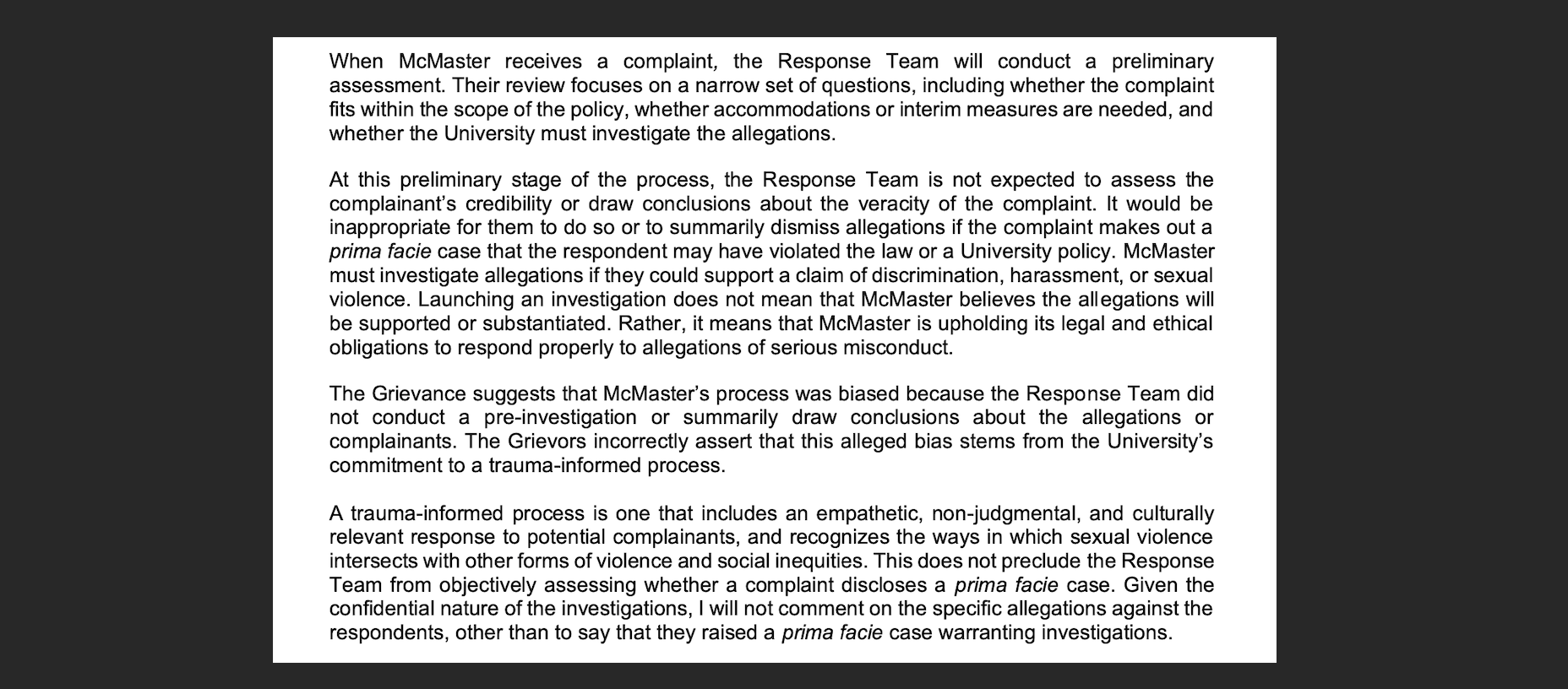 Excerpt from McMaster president David Farrar’s August 27, 2021 letter responding to a grievance filed by PNB professors.