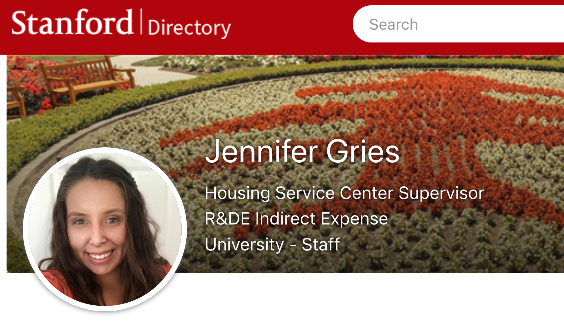 Stanford Directory entry for Jennifer Gries, listed as a Housing Service Center Supervisor in R&DE Indirect Expense.