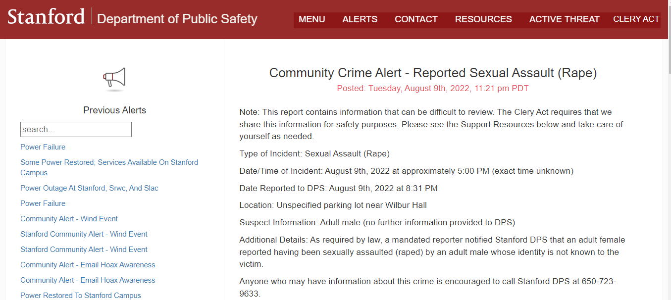 Stanford Department of Public Safety community crime alert reporting a sexual assault near Wilbur Hall, posted August 9th, 2022.